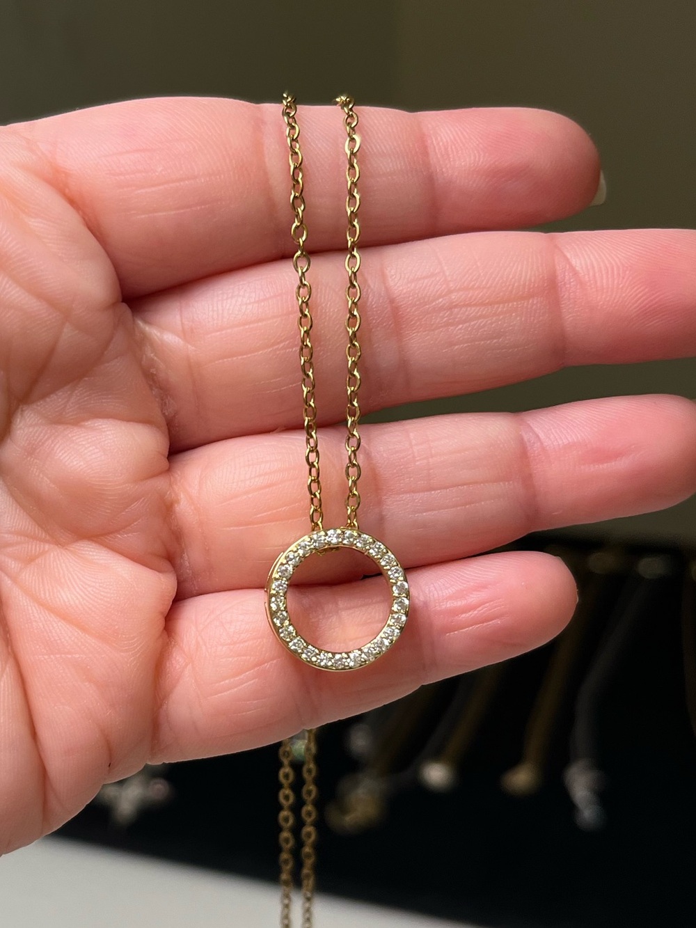 Gold Tone Stainless steel CZ Circle Pendant Necklace